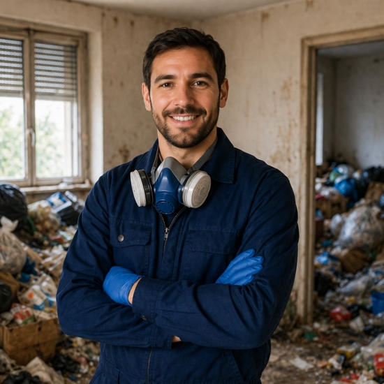 Équipe de Défi Clean en train de nettoyer un logement touché par le syndrome de Diogène, avec des outils professionnels et un environnement sécurisé.