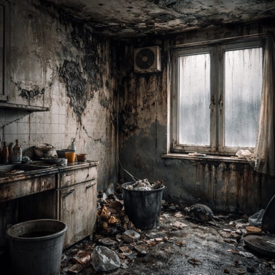 Damp room with stained walls, foggy windows and poor ventilation — signs of unsanitary housing
