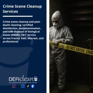 picture Crime scene cleanup and post-death cleaning: certified disinfection, decontamination, and safe disposal of biological waste (DASRI). 24/7 service across France. Fast, discreet, and professional.