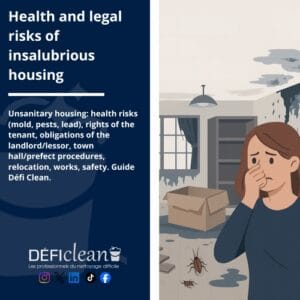 Unsanitary housing: health risks (mold, pests, lead), rights of the tenant, obligations of the landlord/lessor, town hall/prefect procedures, relocation, works, safety. Guide Défi Clean.