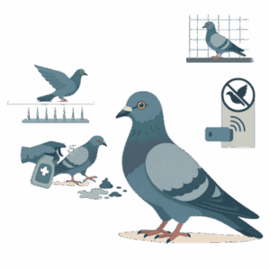 Professional pigeon control technician installing anti-pigeon nets on a high building roof