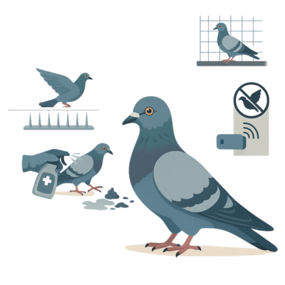 Modern pigeon control techniques with nets, spikes, ultrasonic devices and cleaning services