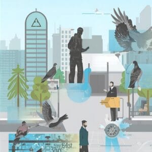 Corrosive pigeon droppings damaging public building structures, showing sanitary and safety risks