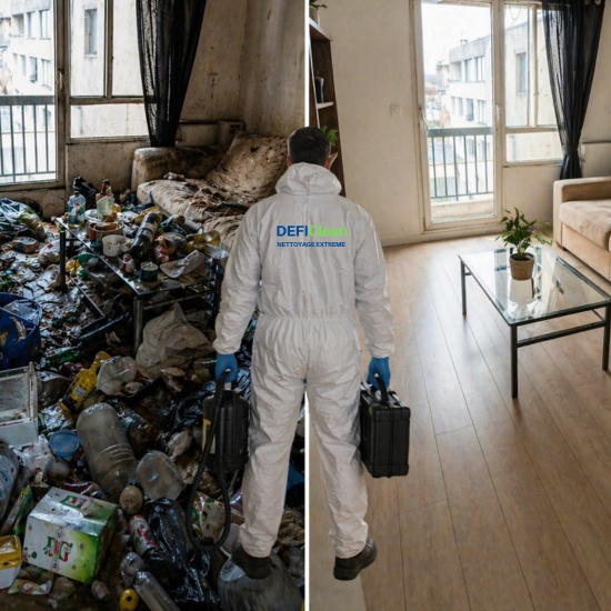 A cluttered and unsanitary home in Paris, highlighting health and legal risks associated with extreme cleaning needs.