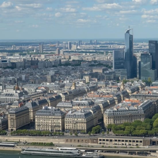 Vue de Courbevoie et du quartier de La Défense depuis les bords de Seine, à l’ouest de Paris