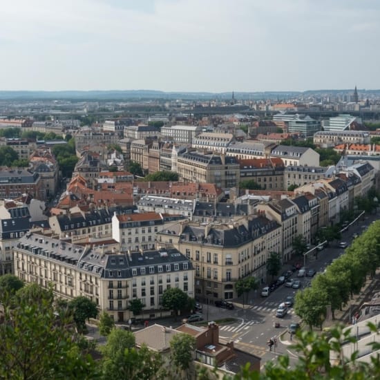 Vue de Levallois-Perret sur la Seine, à l’ouest de Paris, avec immeubles et voies piétonnes