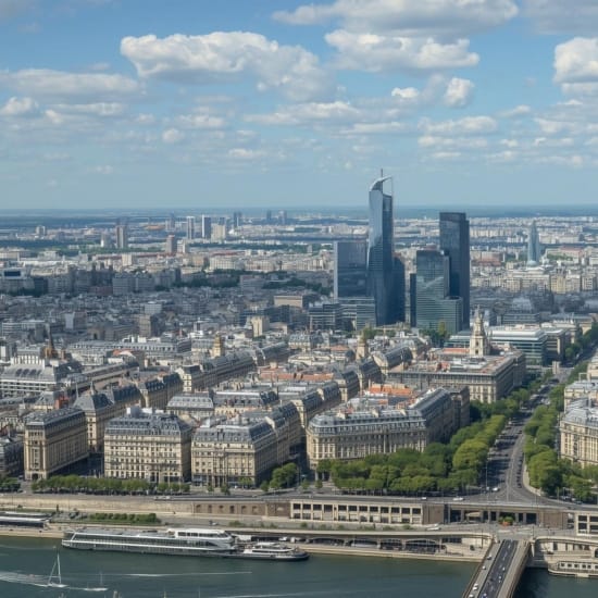 View of Courbevoie and the La Défense business district from the banks of the River Seine, west of Paris