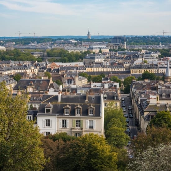 View of Neuilly-sur-Seine, a western Parisian city along the Seine river with parks and residential buildings