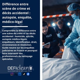 Professionnel en tenue de protection intervenant sur une scène d’enquête médico-légale avec présence de police