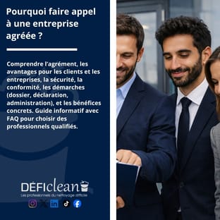 Trois hommes en costume souriants discutant ensemble dans un cadre professionnel avec texte explicatif sur l’agrément entrepr