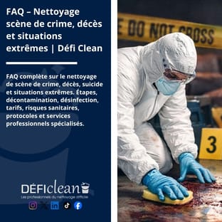 Technicien en combinaison de protection nettoyant une scène de crime avec des marques de preuve et ruban de sécurité