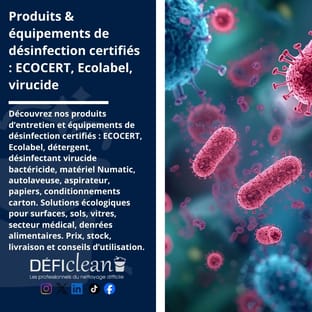 Visuel d’un texte sur produits désinfection certifiés et illustration microscopique de virus et bactéries rouges en 3D