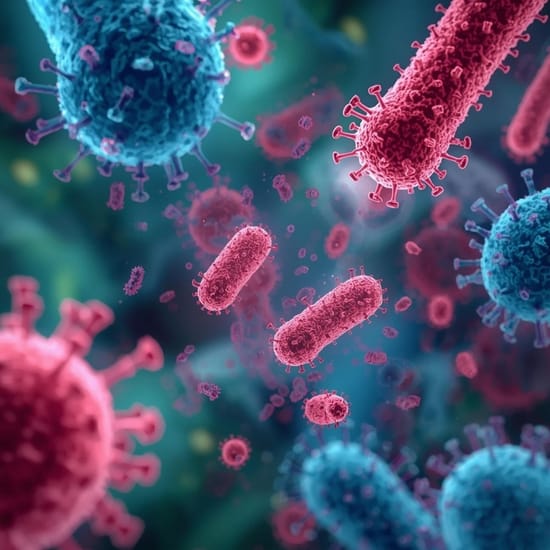 3D illustration of viruses and bacteria in red and blue in a blurred microscopic environment