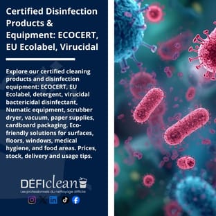 Close-up graphic of virus particles next to Défi Clean disinfection products and equipment information panel