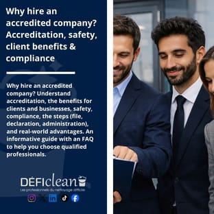 Informative graphic about benefits of hiring accredited cleaning companies with business professionals discussing