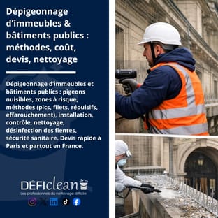 Technicien en équipement de protection effectuant une intervention de dépigeonnage sur un immeuble urbain