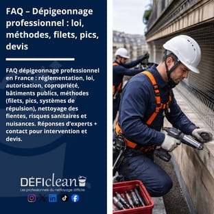 Technicien en équipement de protection posant un filet antigigeons sur une façade en milieu urbain