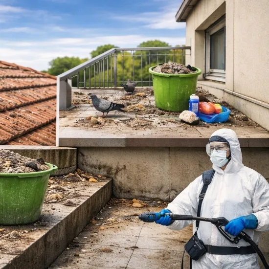 Nettoyage de fientes de pigeons sur toiture et balcon - Défi Clean