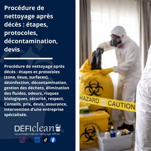 Technicien en tenue de protection et masque, préparant une intervention de nettoyage après décès avec matériel spécialisé