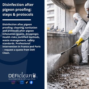 Workers in protective suits disinfecting a pigeon-infested, contaminated balcony during cleaning intervention
