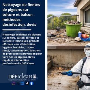 Worker wearing protective gear cleaning pigeon droppings on balcony during professional sanitation intervention