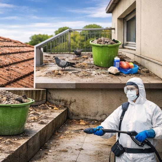 Professional pigeon droppings cleaning on roof and balcony - Défi Clean