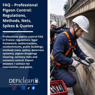 Worker wearing headset and helmet cleaning pigeon droppings on a stone building ledge