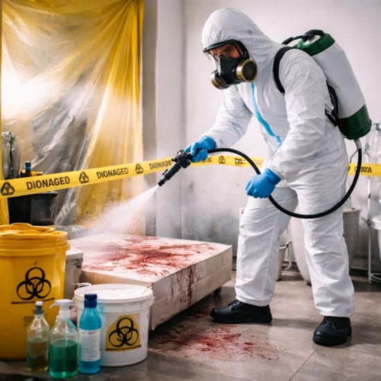 Décontamination biologique : technicien en EPI réalisant la désinfection d’une zone contaminée avec des protocoles de sécurité