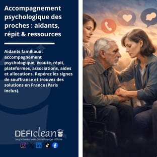 Femme soutenant un homme âgé en fauteuil dans un cadre chaleureux avec icônes de communication au-dessus