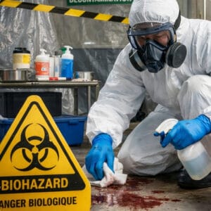 Technicien en combinaison de protection et masque désinfectant le sol taché dans une zone de décontamination biohazard