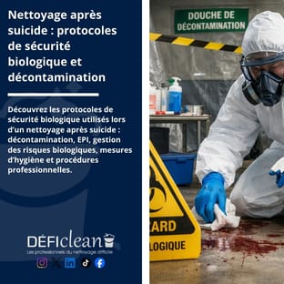 Technicien en combinaison de protection et masque effectuant un nettoyage biologique dans un environnement sécurisé