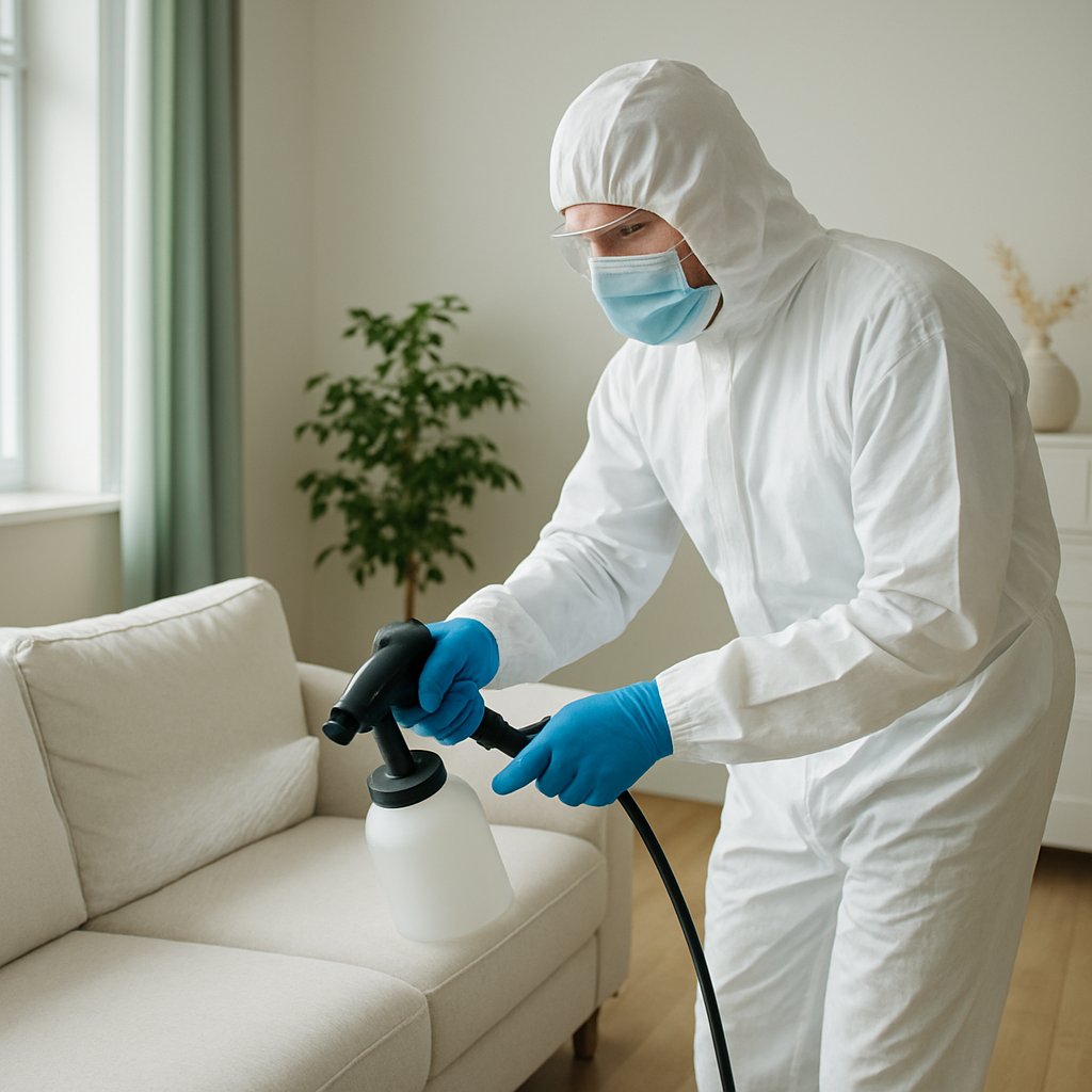 Professional home disinfection service technician sanitizing a residential space